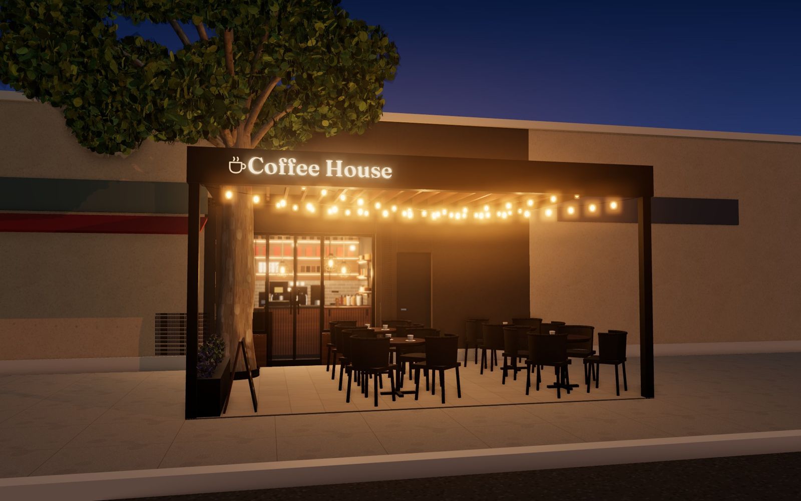 Coffee House kechqurun: yoritilgan vyveska, girlyanda chiroqlar va terrasa